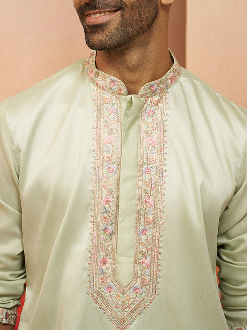 Men's Pista Green Embroidered Kurta with Palazzo